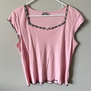 VTG Y2K 2000s Women's Nine & Co Tshirt Top Black Pink Lace Lettuce Hem